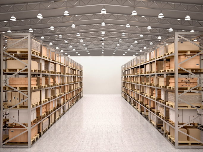 3d illustration of rows of shelves with boxes in modern warehouse
